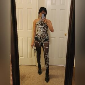 Sold! Siesen Cutout Cobweb Rhinestone Mesh Jumpsuit In Black